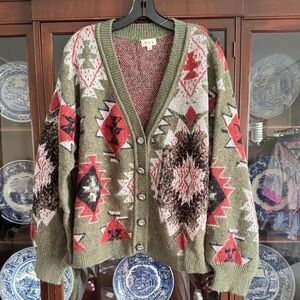 POL Olive Green & Red Aztec Knit Button-Front Cardigan